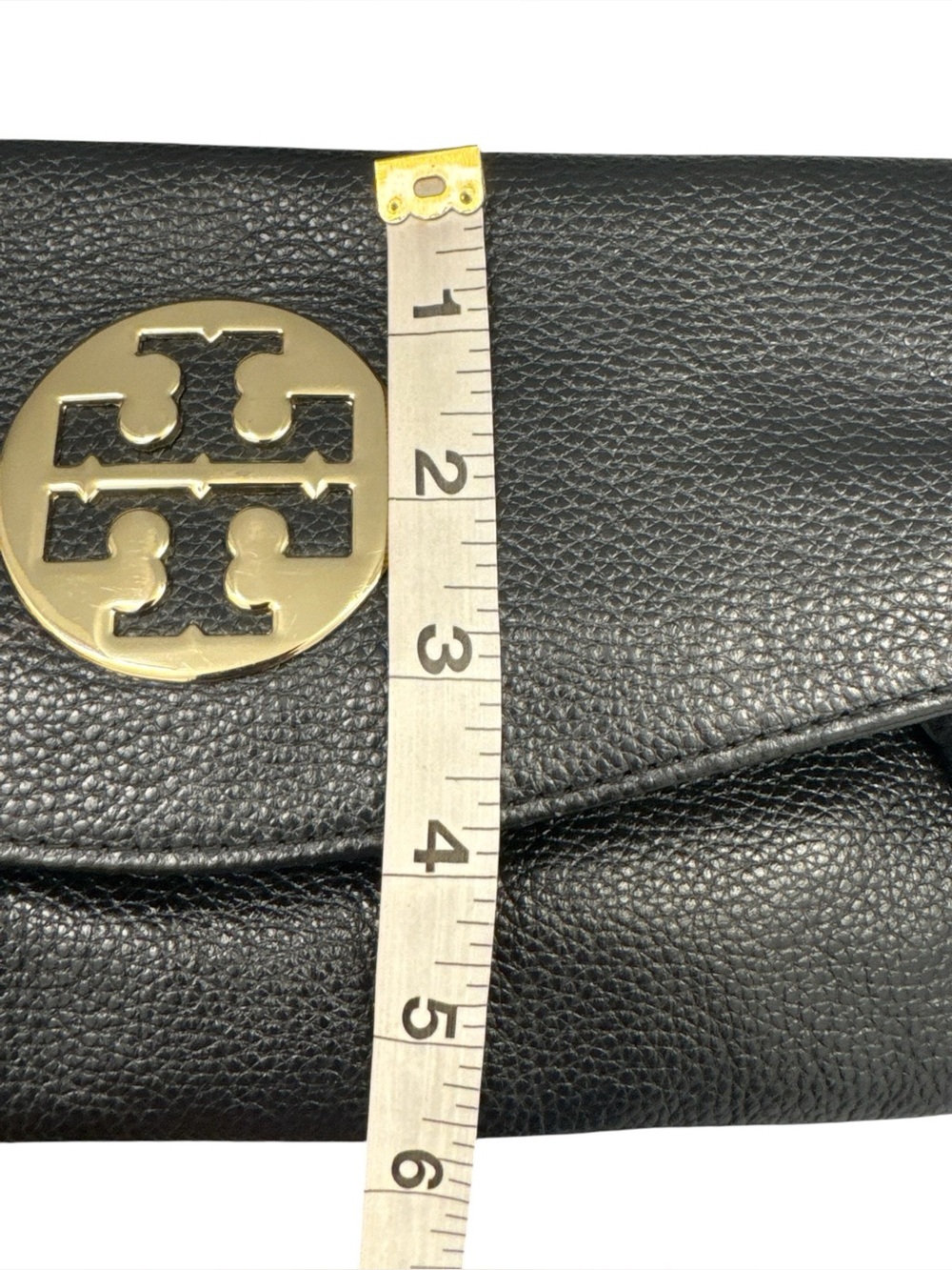 Tory Burch Black Pebbled Leather Flap Wristlet Clutch with Gold Logo - Picture 14 of 14